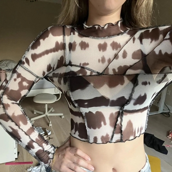 Stylish Brown and White Sheer Women's Top - Picture 2 of 3